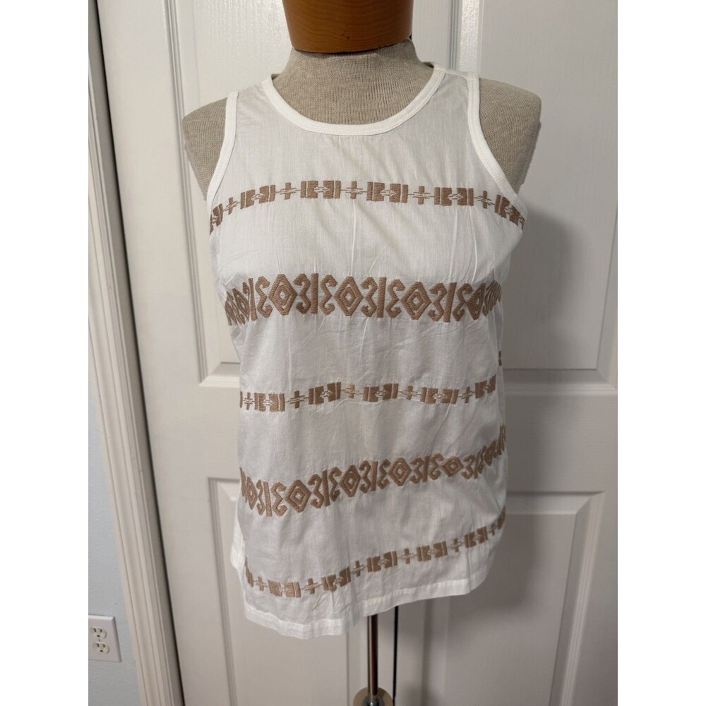 NWT LOFT XS WHITE & BEIGE EMBROIDERED BOHO SLEEVELESS SHIRT BLOUSE TOP TANK